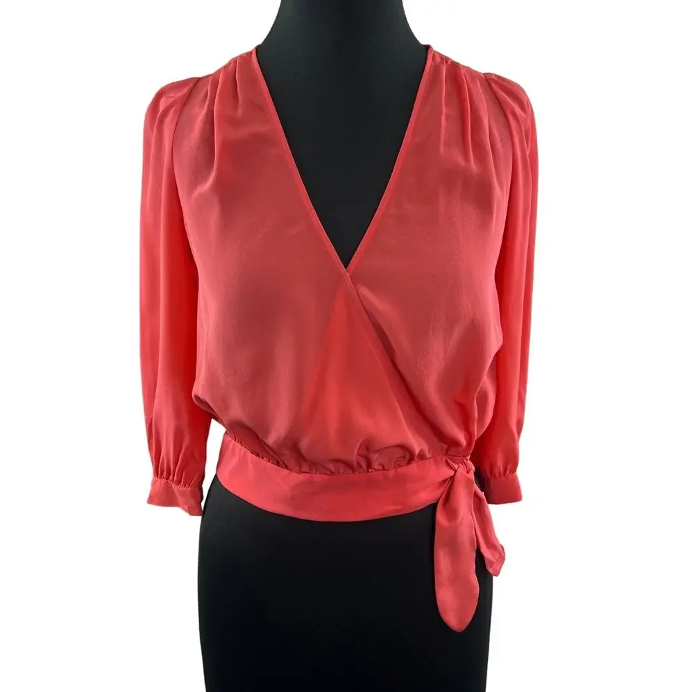 MADEWELL Orange Cropped Wrap Top Silk Pleated Surplice Neck Puff Sleeve Size 2XS